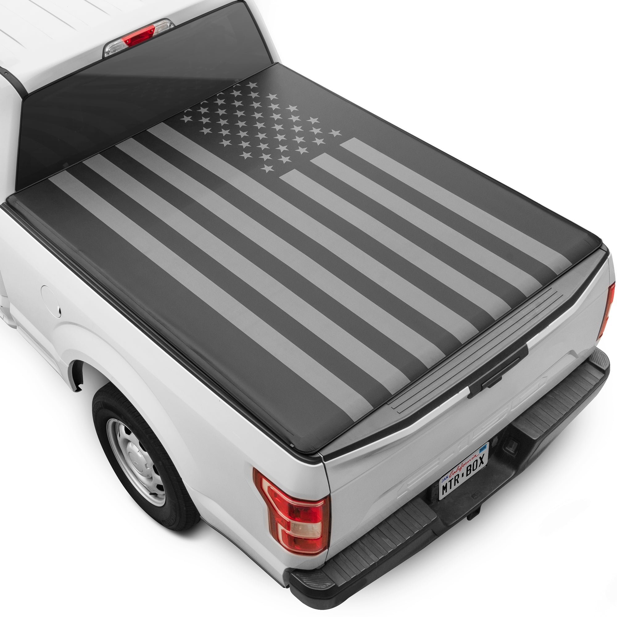 MotorBox USA Black American Flag Soft Roll-Up Retractable Tonneau Cover for Ford F-150 (2015 - 2023) - 5.5' bed