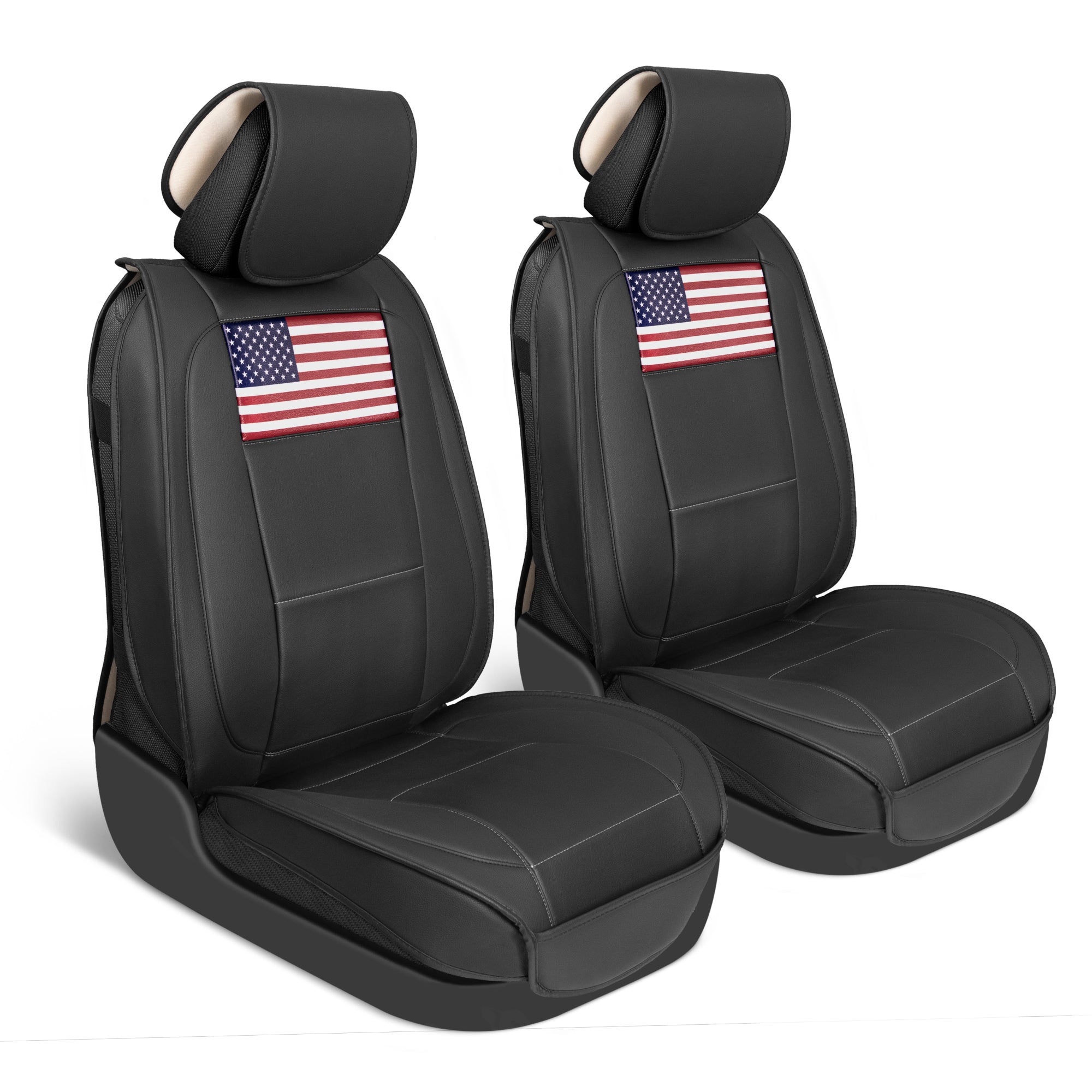 MotorBox Patriot Edition Faux Leather Black Seat Covers for Car – Red/White/Blue US Flag on Cushioned Seat Protectors for Automotive Accessories, Trucks, SUV, Car – Two Front Covers