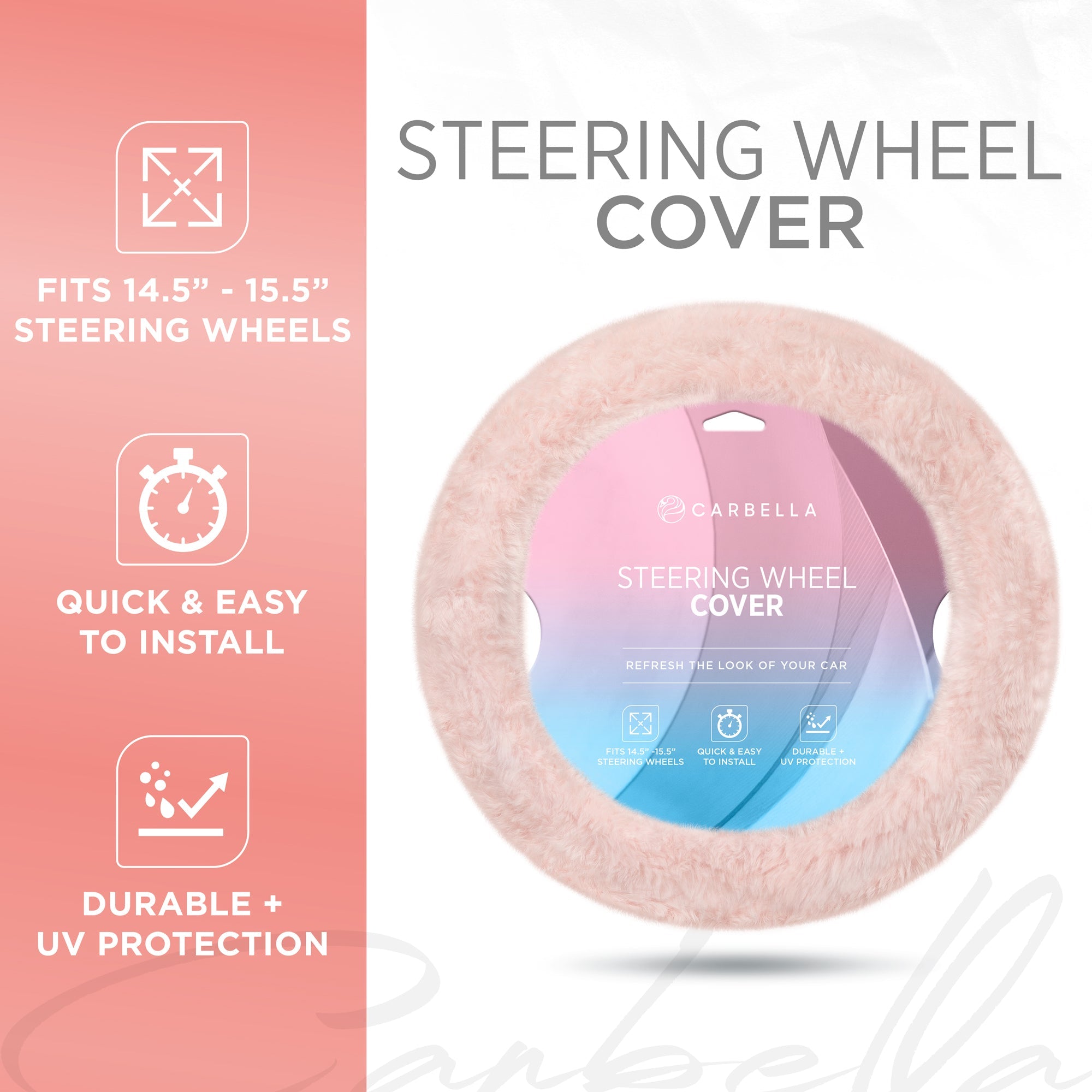 Carbella Soft Pink Fuzzy Steering Wheel Cover, Standard 15 Inch Size Fits Most Vehicles, Cute Faux Fur Car Steering Cover with Soft Fluffy Furry Touch, Car Accessories for Women