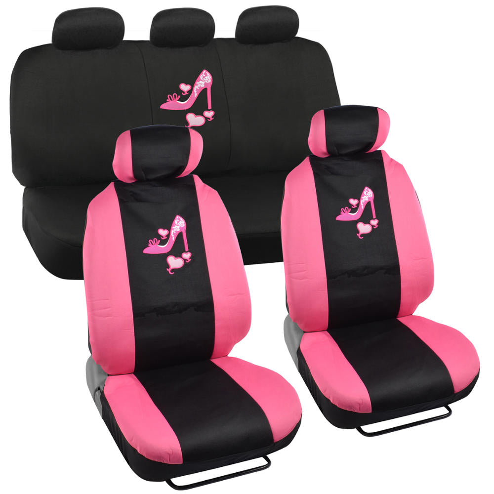 BDK 12-Piece Hot Pink Heels Front Seat Covers, Rear Seat Covers, Seat Belt Pads, and Steering Wheel Cover (Fits 14.5" - 15.5")